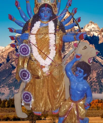 Devi Chanda — blue-complexioned, 16-armed, slaying Kaitabha