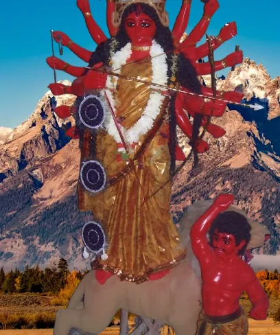 Devi Ugrachanda — red-complexioned, 18-armed, slaying Raktabija